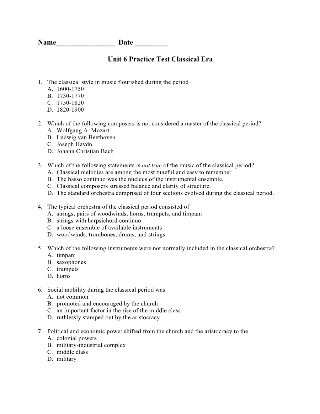 Unit 6 Practice Test Classical Era