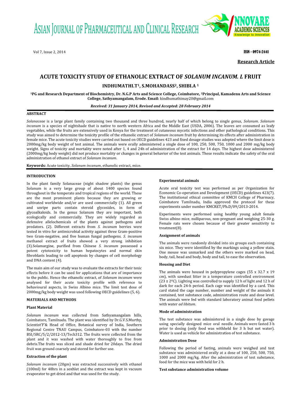 Acute Toxicity Study of Ethanolic Extract of Solanum Incanum