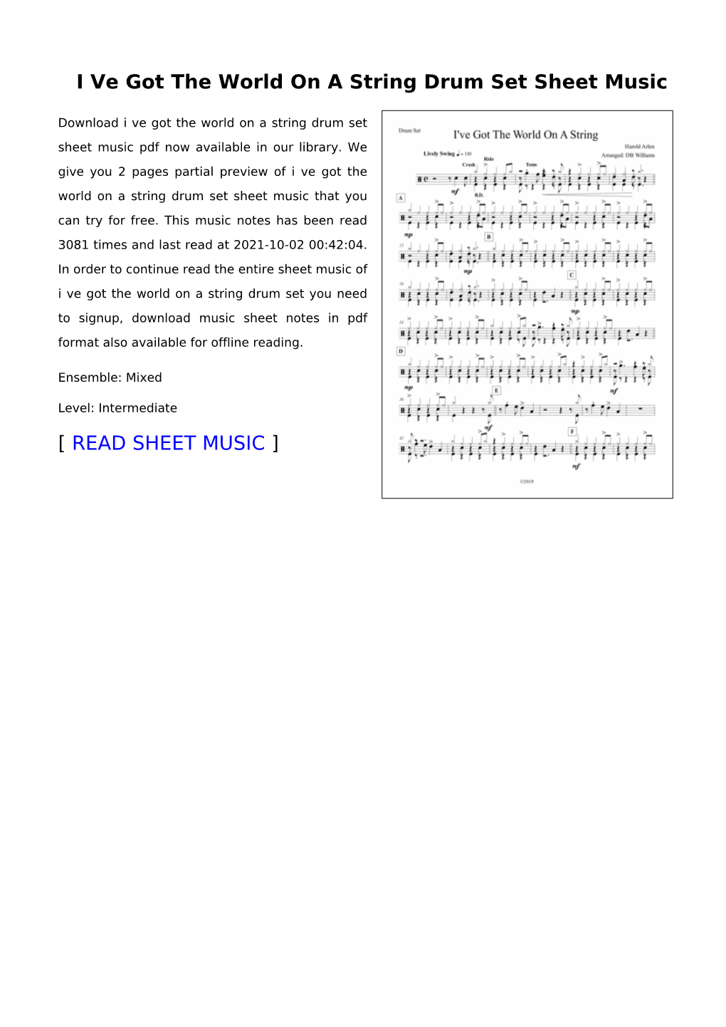 I Ve Got the World on a String Drum Set Sheet Music