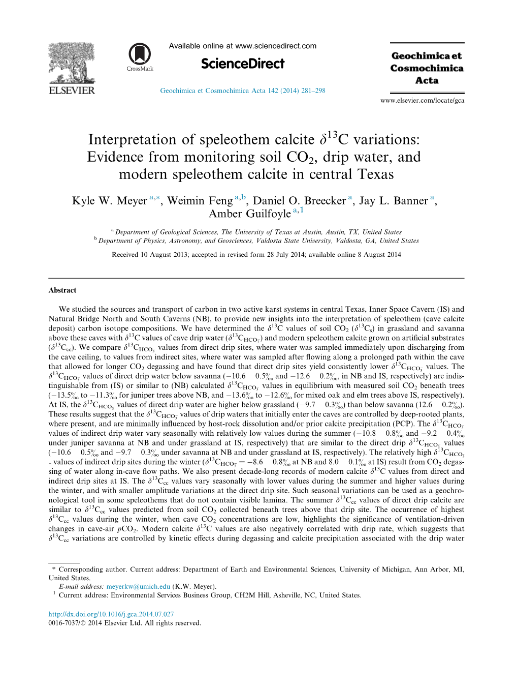 Evidence from Monitoring Soil CO2, Drip Water, and Modern Speleothem Calcite in Central Texas