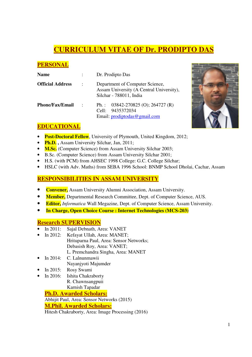 CURRICULUM VITAE of Dr. PRODIPTO DAS