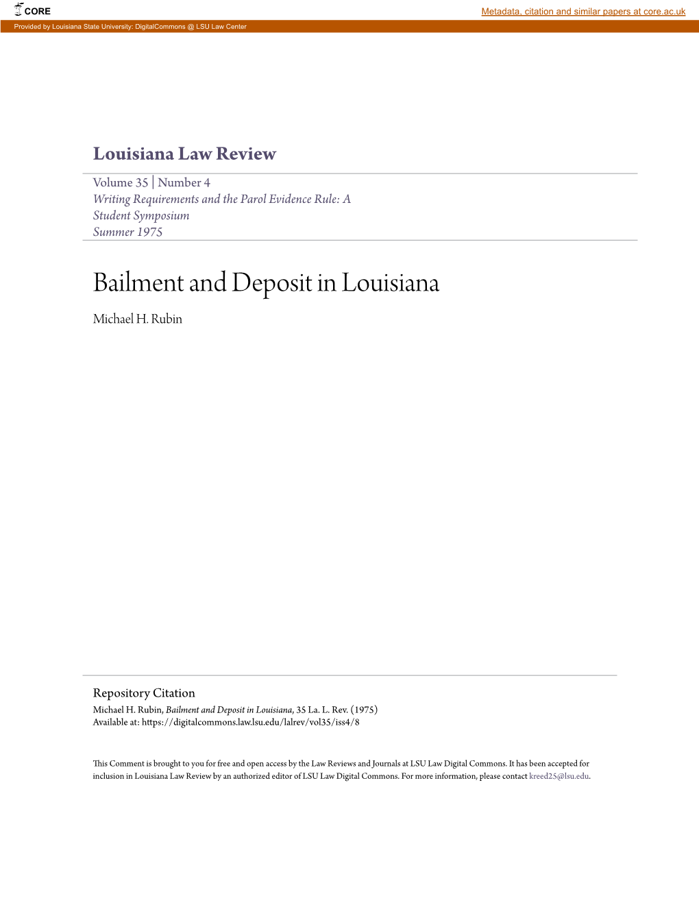 Bailment and Deposit in Louisiana Michael H