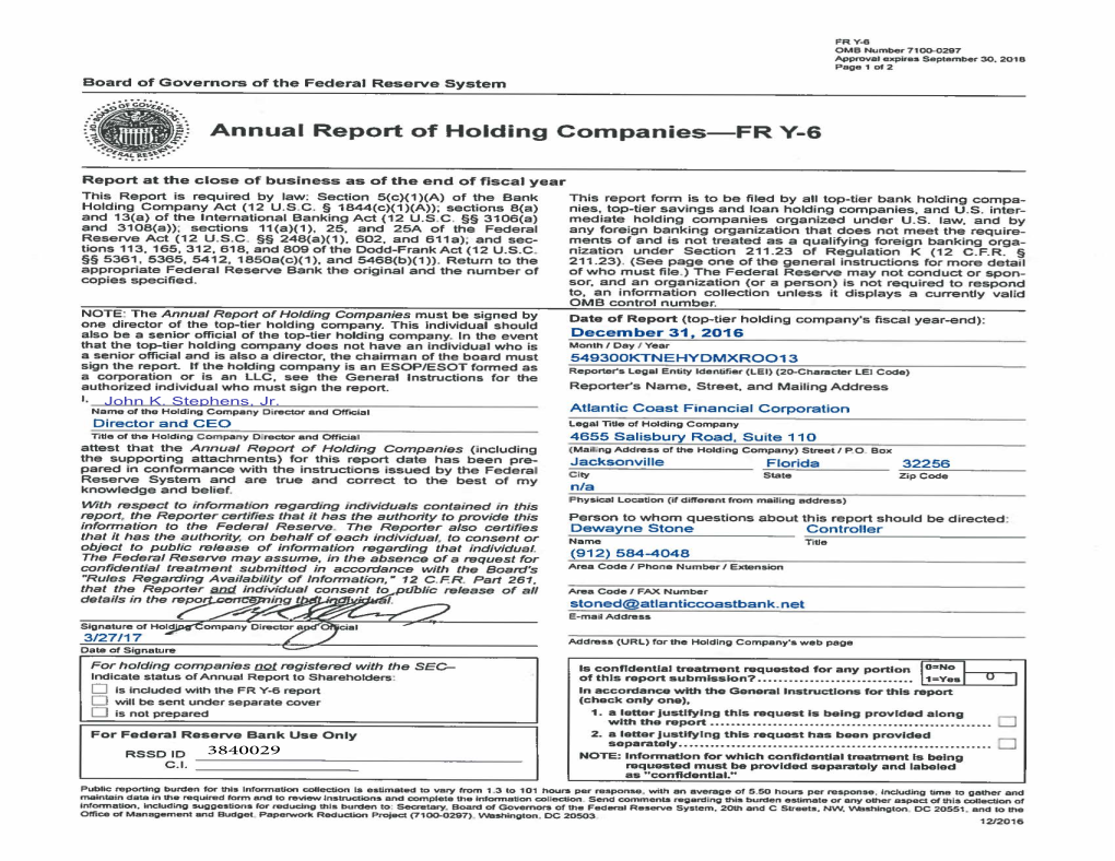 Annual Report of Holding Companies-FR Y-6