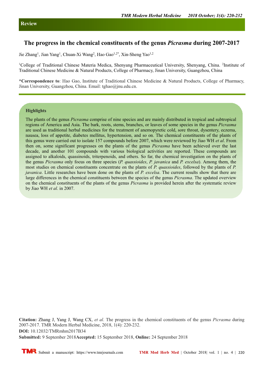 The Progress in the Chemical Constituents of the Genus Picrasma During 2007-2017