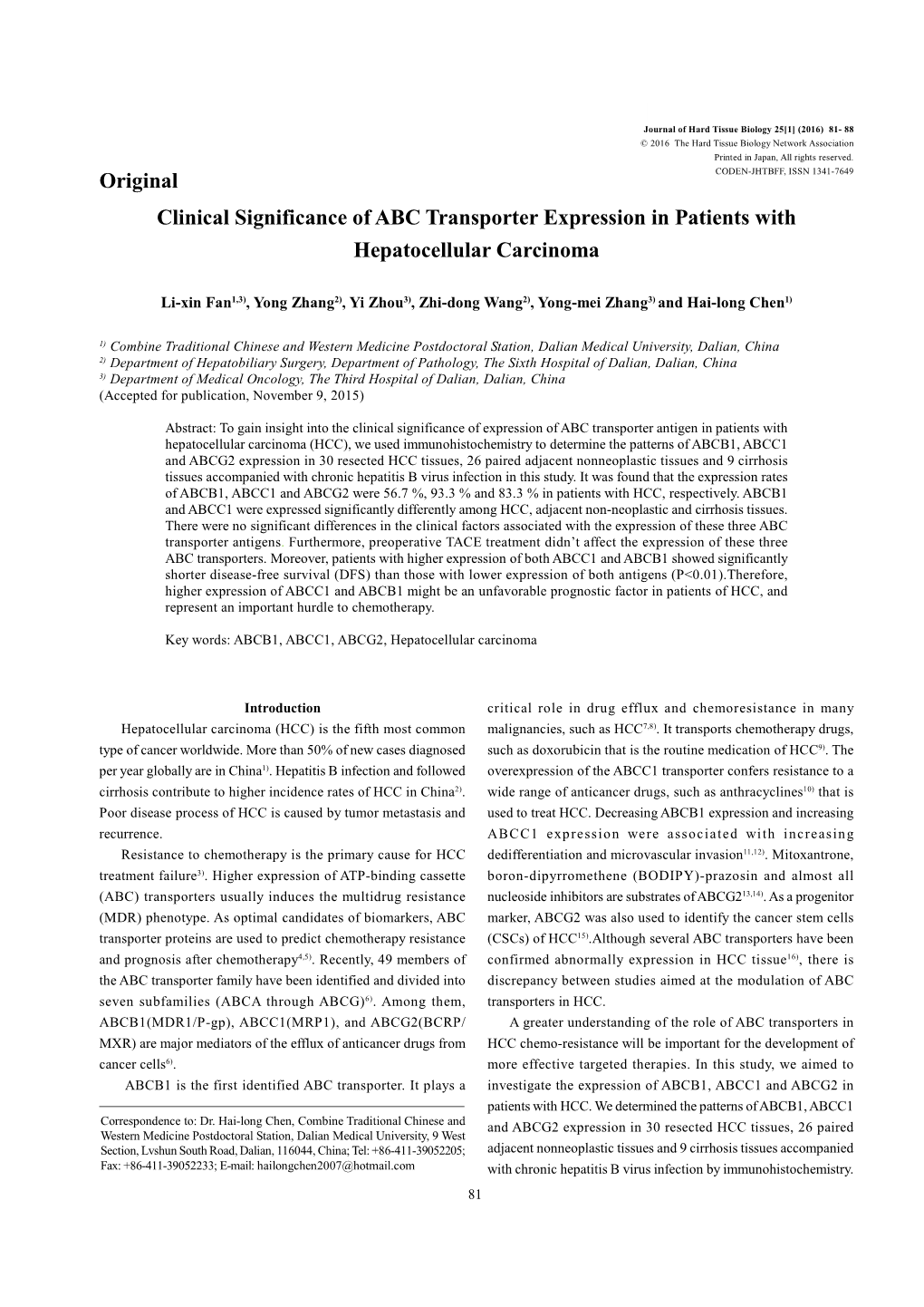 Original Clinical Significance of ABC Transporter Expression in Patients