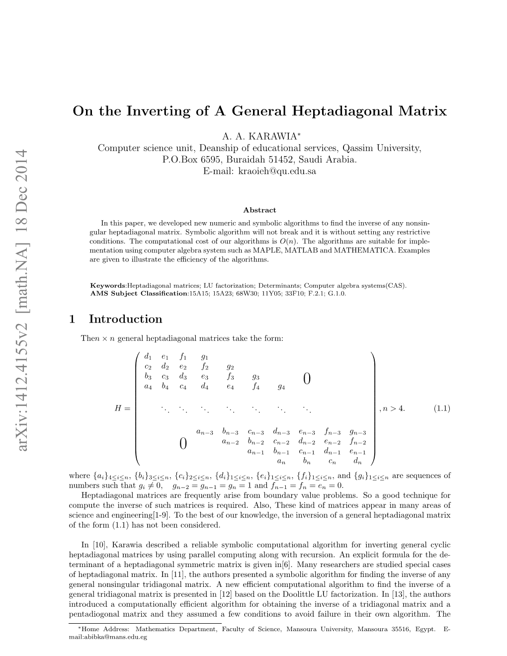 On the Inverting of a General Heptadiagonal Matrix