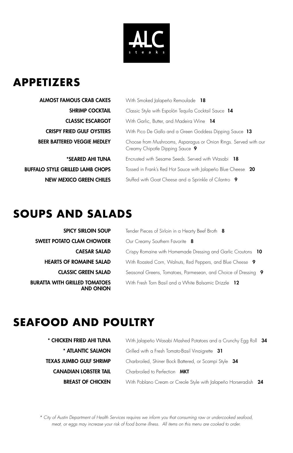 Appetizers Soups and Salads Seafood and Poultry