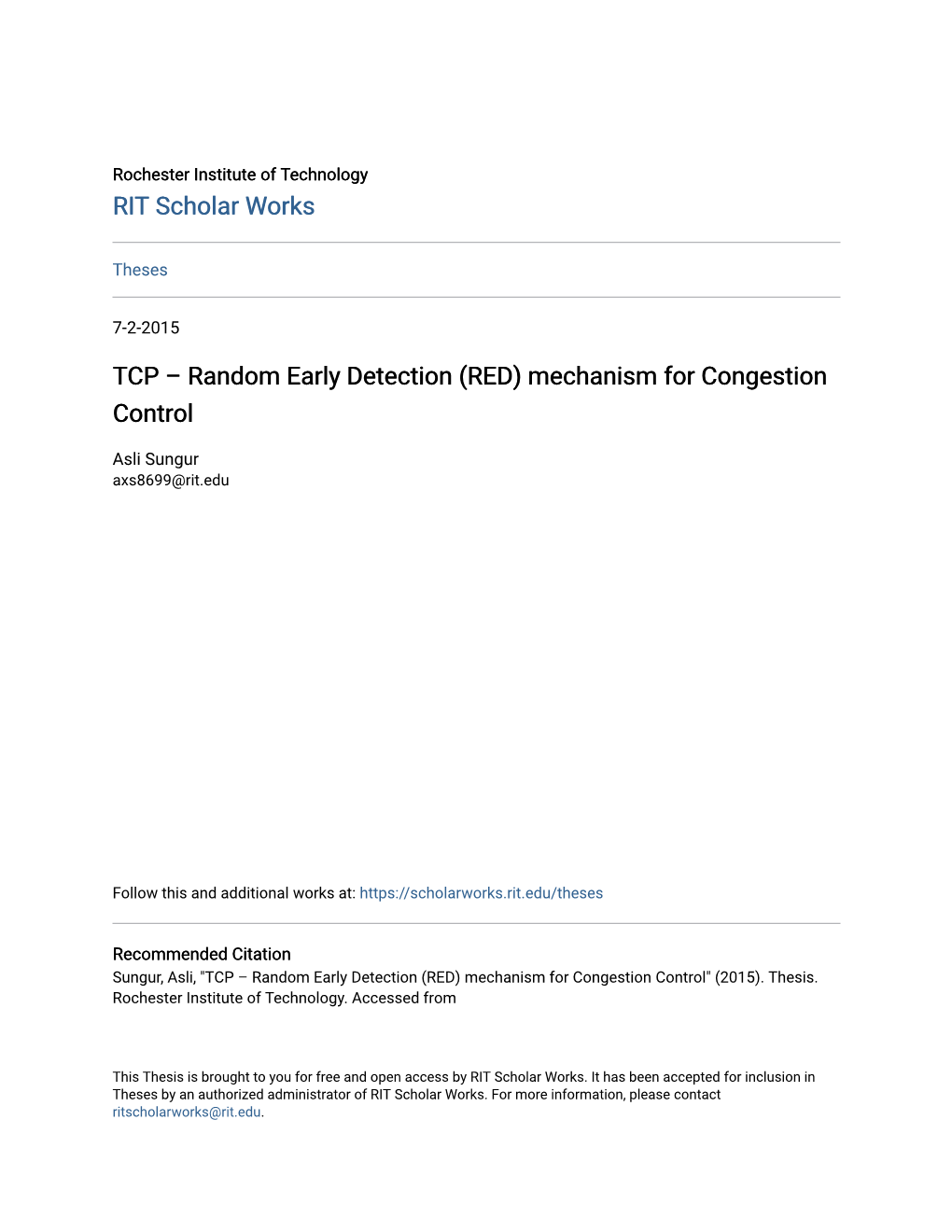 Random Early Detection (RED) Mechanism for Congestion Control