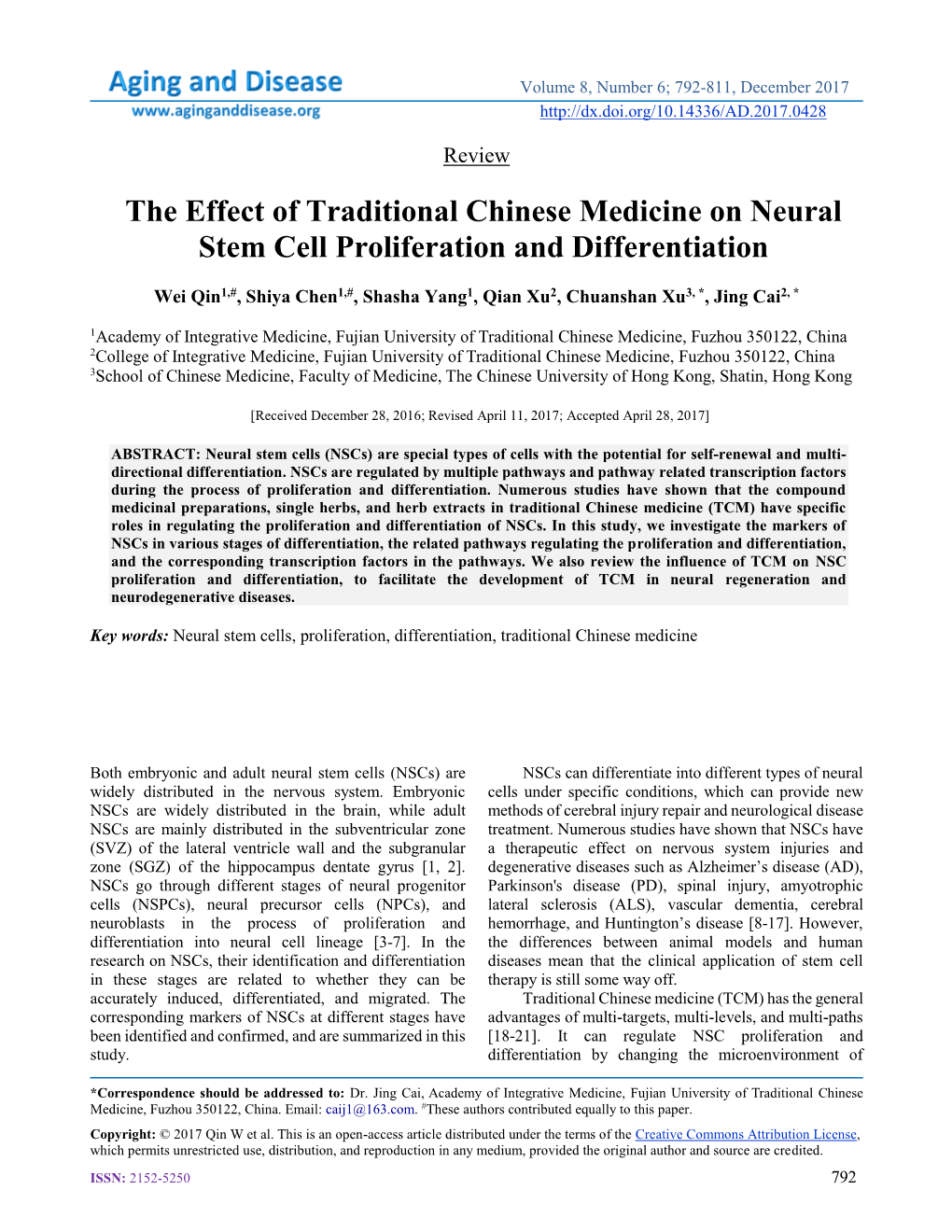 The Effect of Traditional Chinese Medicine on Neural Stem Cell Proliferation and Differentiation