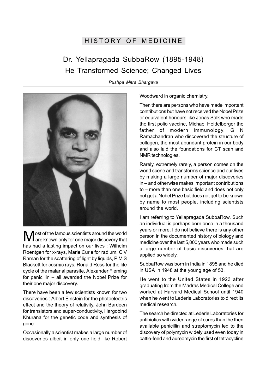 Dr. Yellapragada Subbarow (1895-1948) He Transformed Science; Changed Lives
