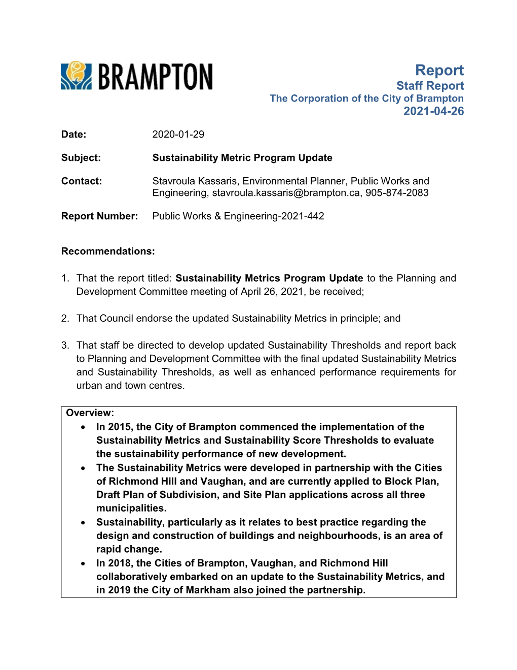 Sustainability Metric Program Update