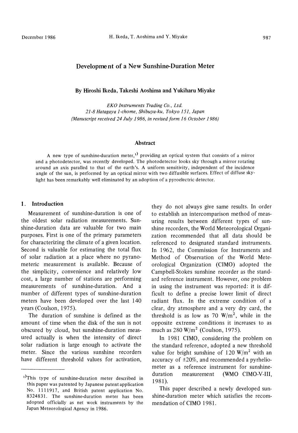 1. Introduction Measurement of Sunshine-Duration Is One