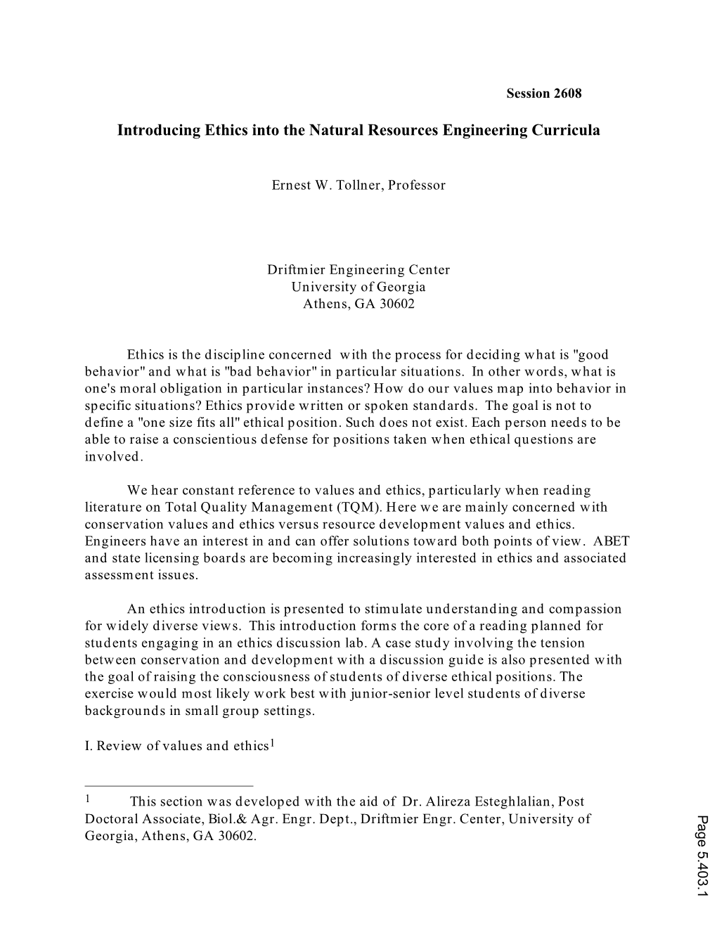 Introducing Ethics Into the Natural Resources Engineering Curricula