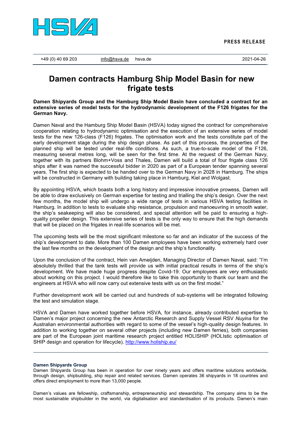 Damen Contracts Hamburg Ship Model Basin for New Frigate Tests