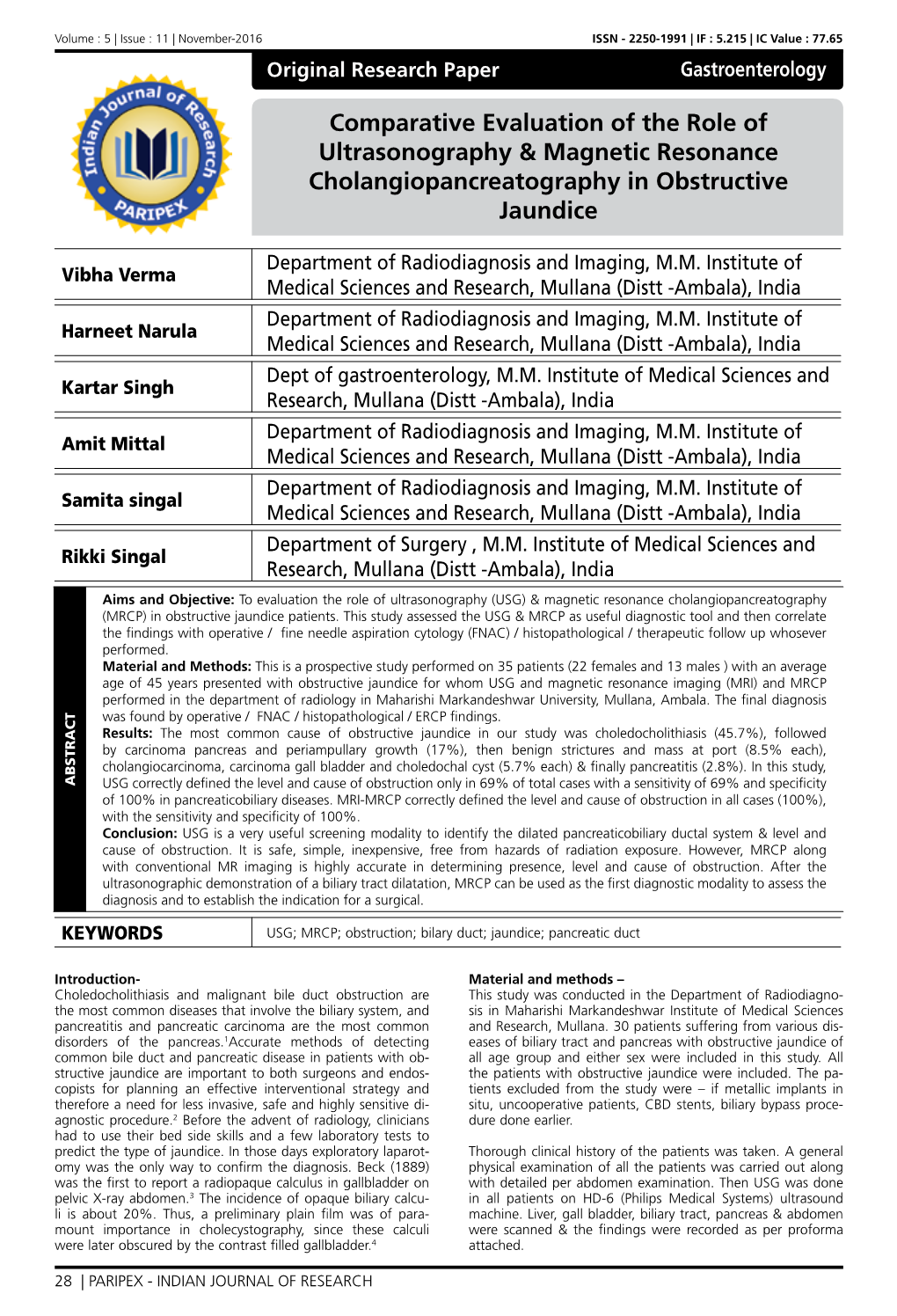 Comparative Evaluation of the Role of Ultrasonography & Magnetic Resonance Cholangiopancreatography in Obstructive Jaundice
