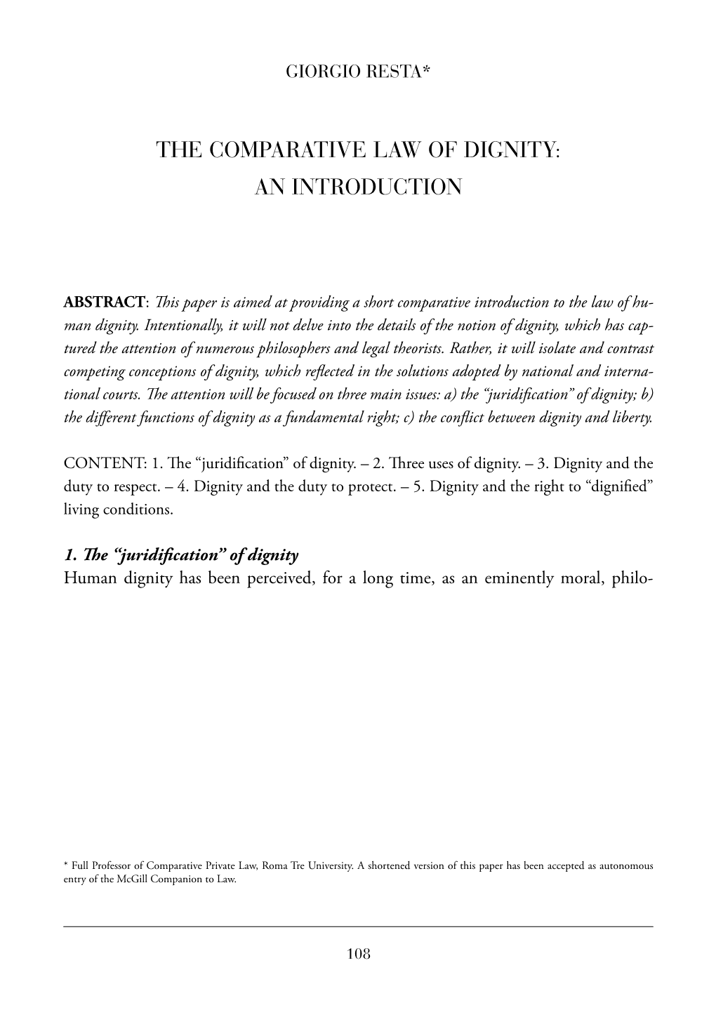 The Comparative Law of Dignity: an Introduction