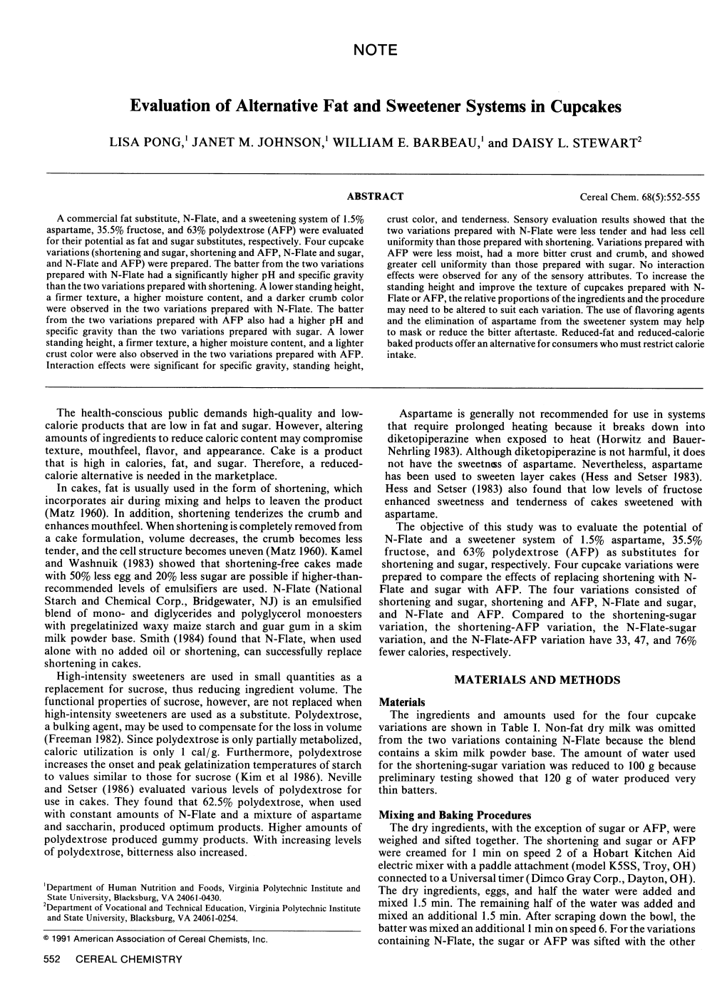 Evaluation of Alternative Fat and Sweetener Systems in Cupcakes