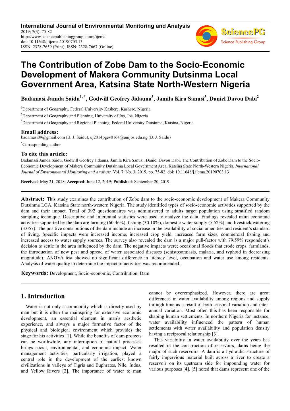 The Contribution of Zobe Dam to the Socio-Economic Development of Makera Community Dutsinma Local Government Area, Katsina State North-Western Nigeria