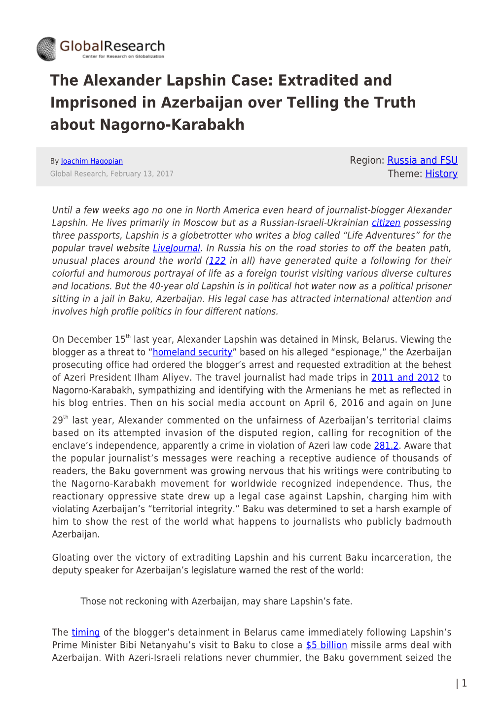 The Alexander Lapshin Case: Extradited and Imprisoned in Azerbaijan Over Telling the Truth About Nagorno-Karabakh