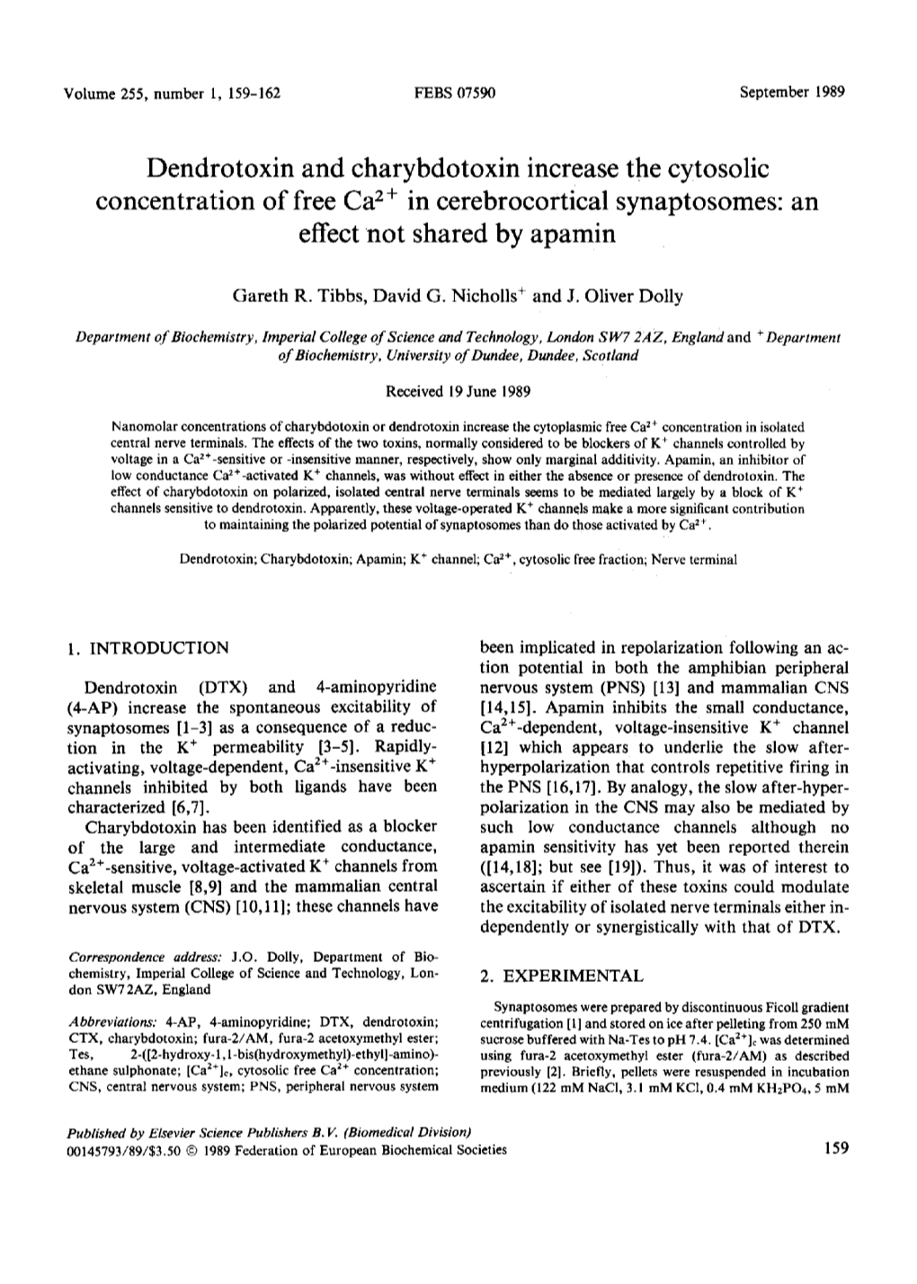 Dendrotoxin and Charybdotoxin Increase the Cytosolic Concentration of Free Ca2÷ in Cerebrocortical Synaptosomes: an Effect Not Shared by Apamin