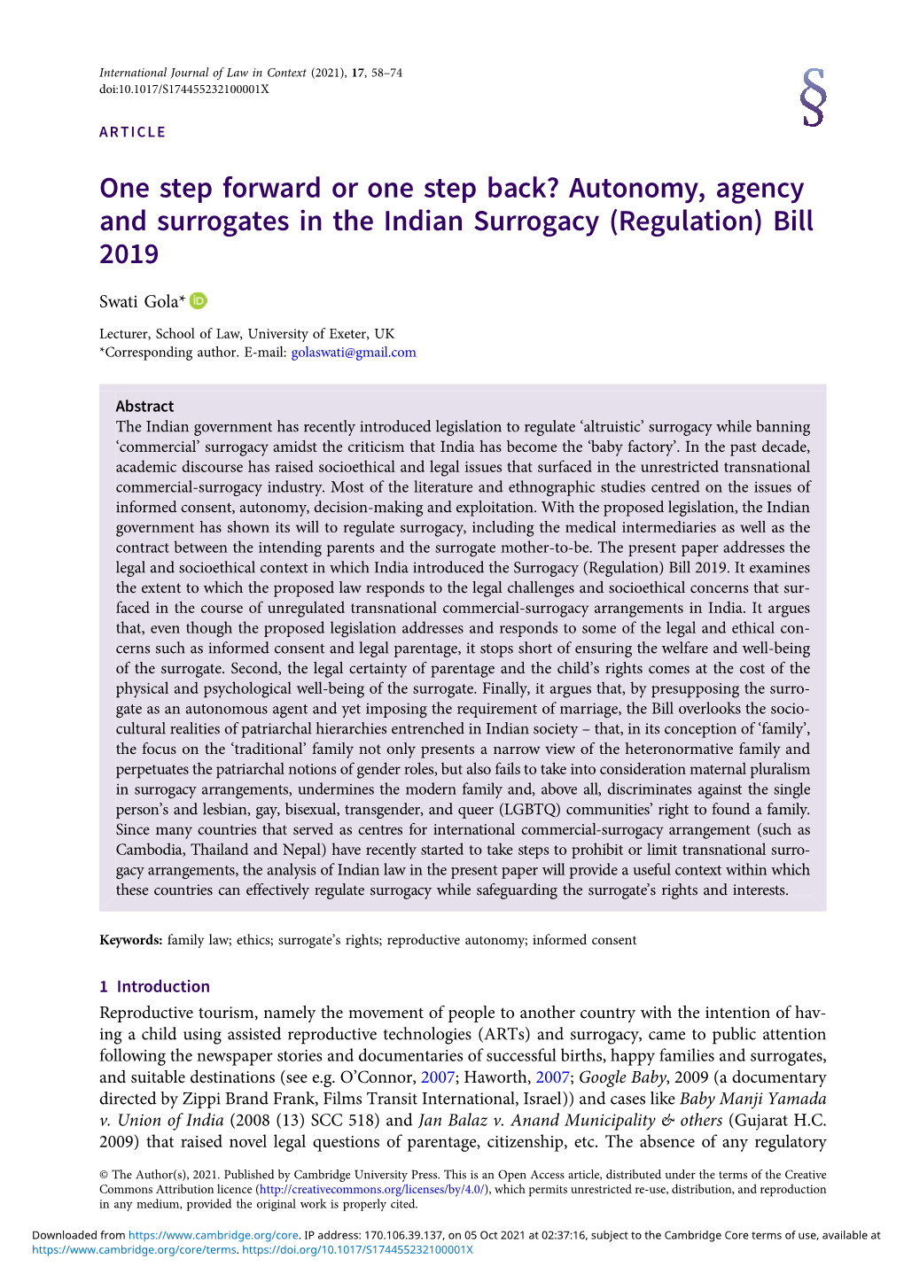 Autonomy, Agency and Surrogates in the Indian Surrogacy (Regulation) Bill 2019