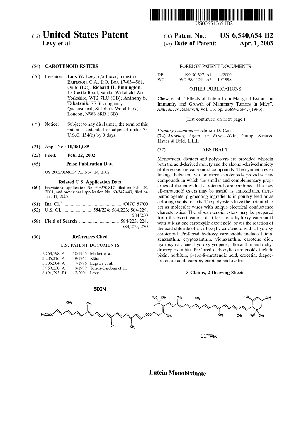 United States Patent (10) Patent N0.: US 6,540,654 B2 Levy Et A1