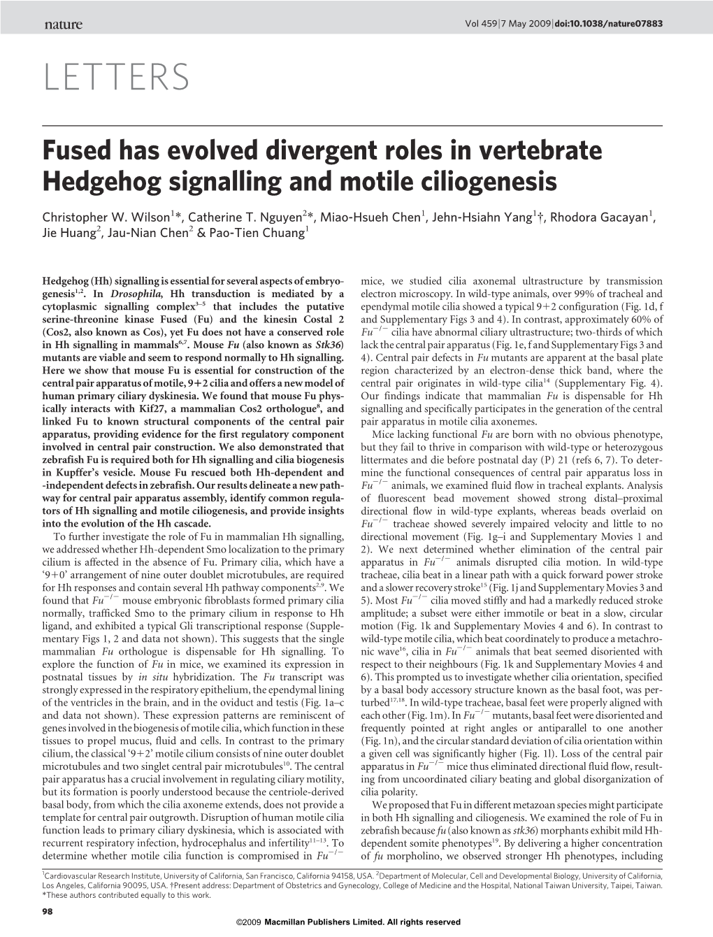 Fused Has Evolved Divergent Roles in Vertebrate Hedgehog Signalling and Motile Ciliogenesis