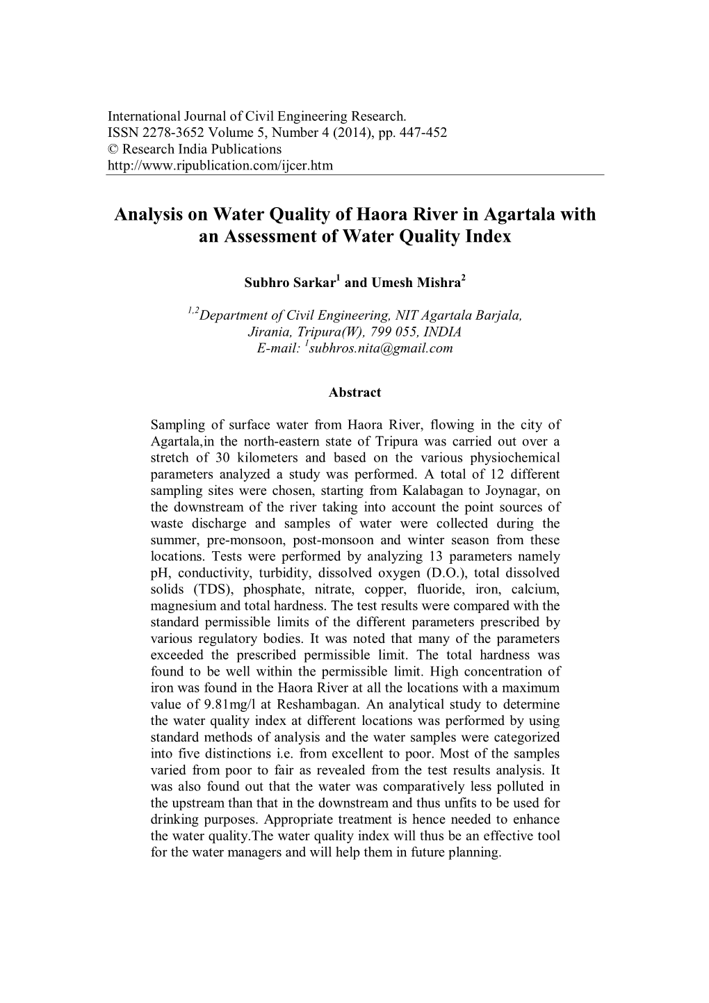 Analysis on Water Quality of Haora River in Agartala with an Assessment of Water Quality Index