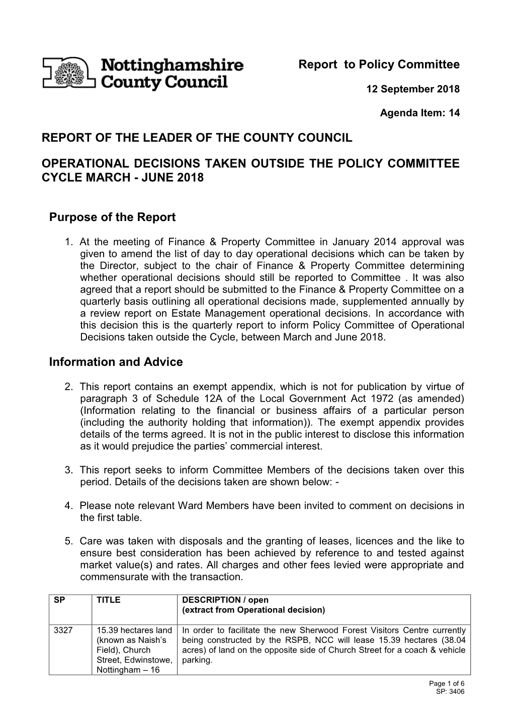 Report to Policy Committee REPORT of the LEADER of the COUNTY