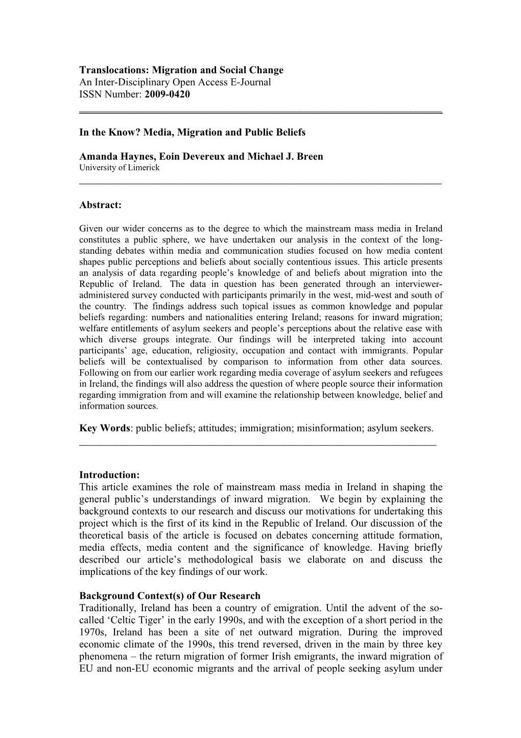 Translocations: Migration and Social Change an Inter-Disciplinary Open Access E-Journal ISSN Number: 2009-0420 ______