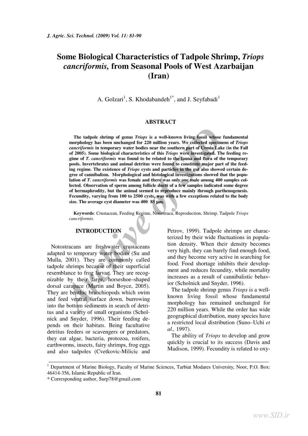 Some Biological Characteristics of Tadpole Shrimp, Triops Cancriformis, from Seasonal Pools of West Azarbaijan (Iran)