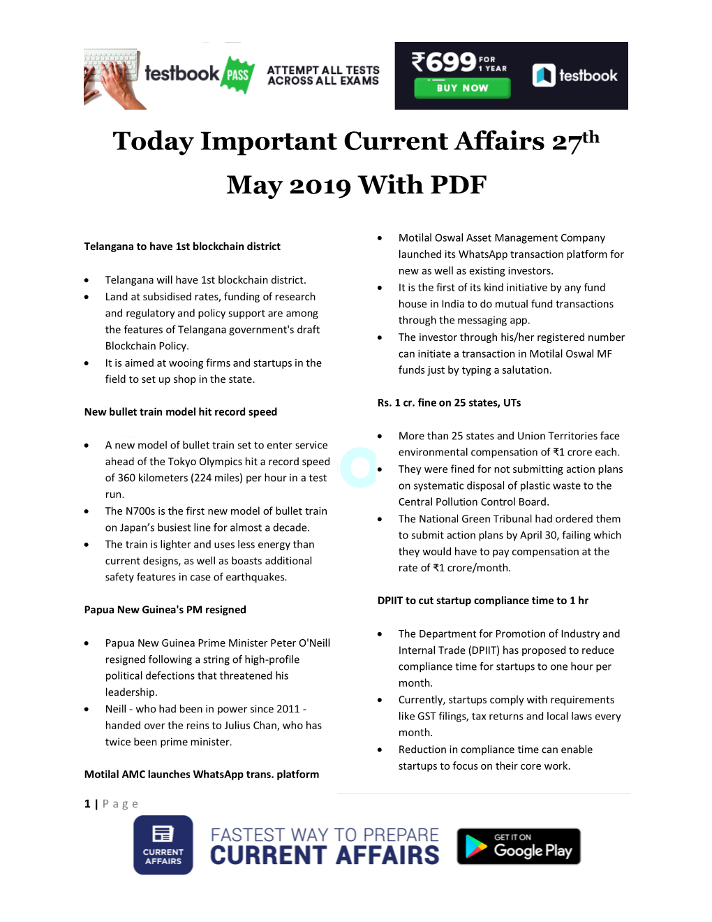 Today Important Current Affairs 27Th May 2019 with PDF