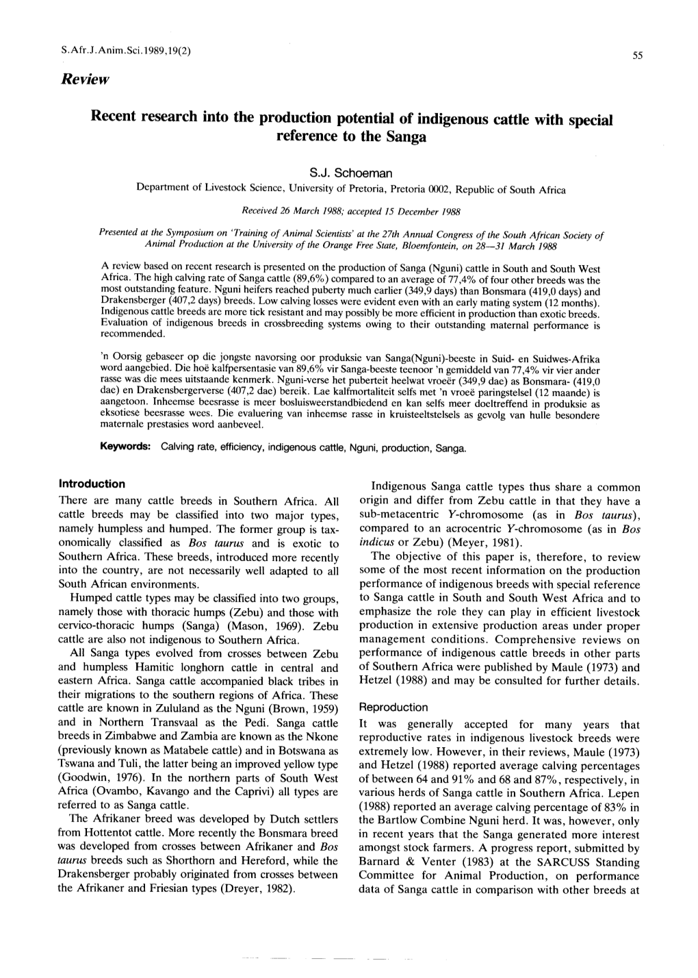 Recent Research Into the Production Potential of Indigenous Cattle with Special Reference to the Sanga