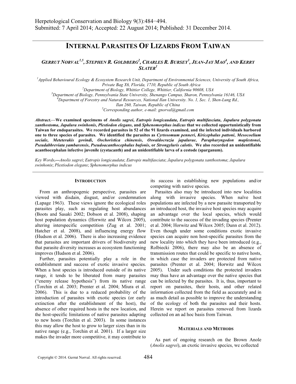 Internal Parasites of Lizards from Taiwan