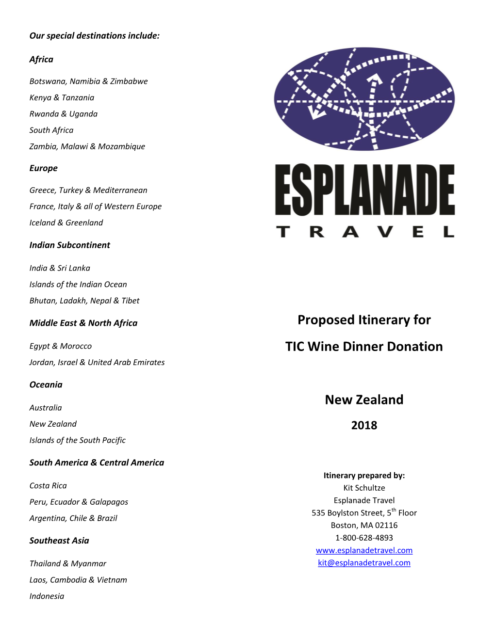 Proposed Itinerary for TIC Wine Dinner Donation New Zealand