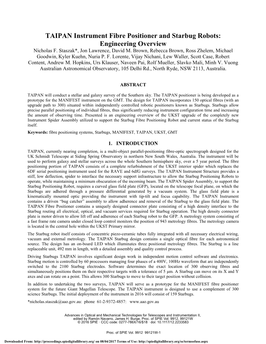 TAIPAN Instrument Fibre Positioner and Starbug Robots: Engineering Overview Nicholas F