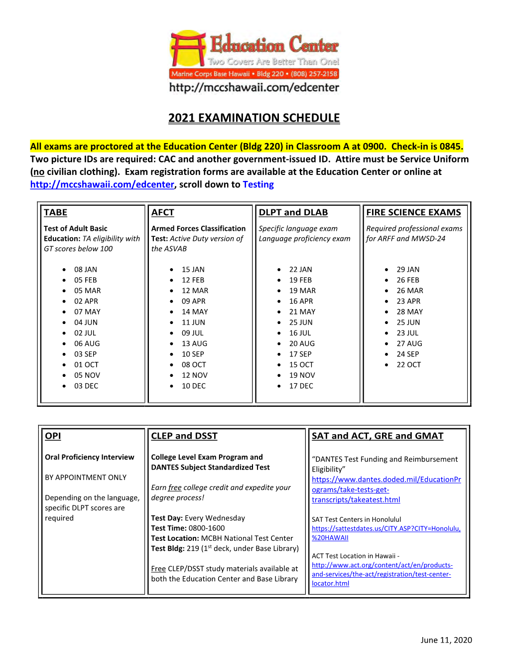 2021 Examination Schedule