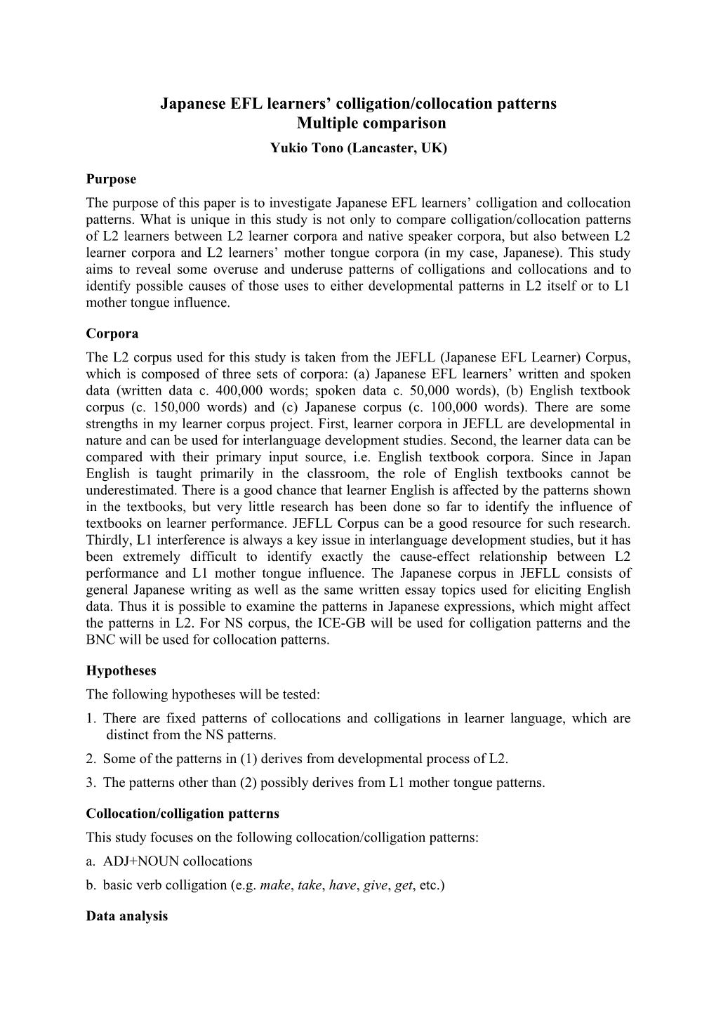 Japanese EFL Learners Colligation/Collocation Patterns Multiple Comparison