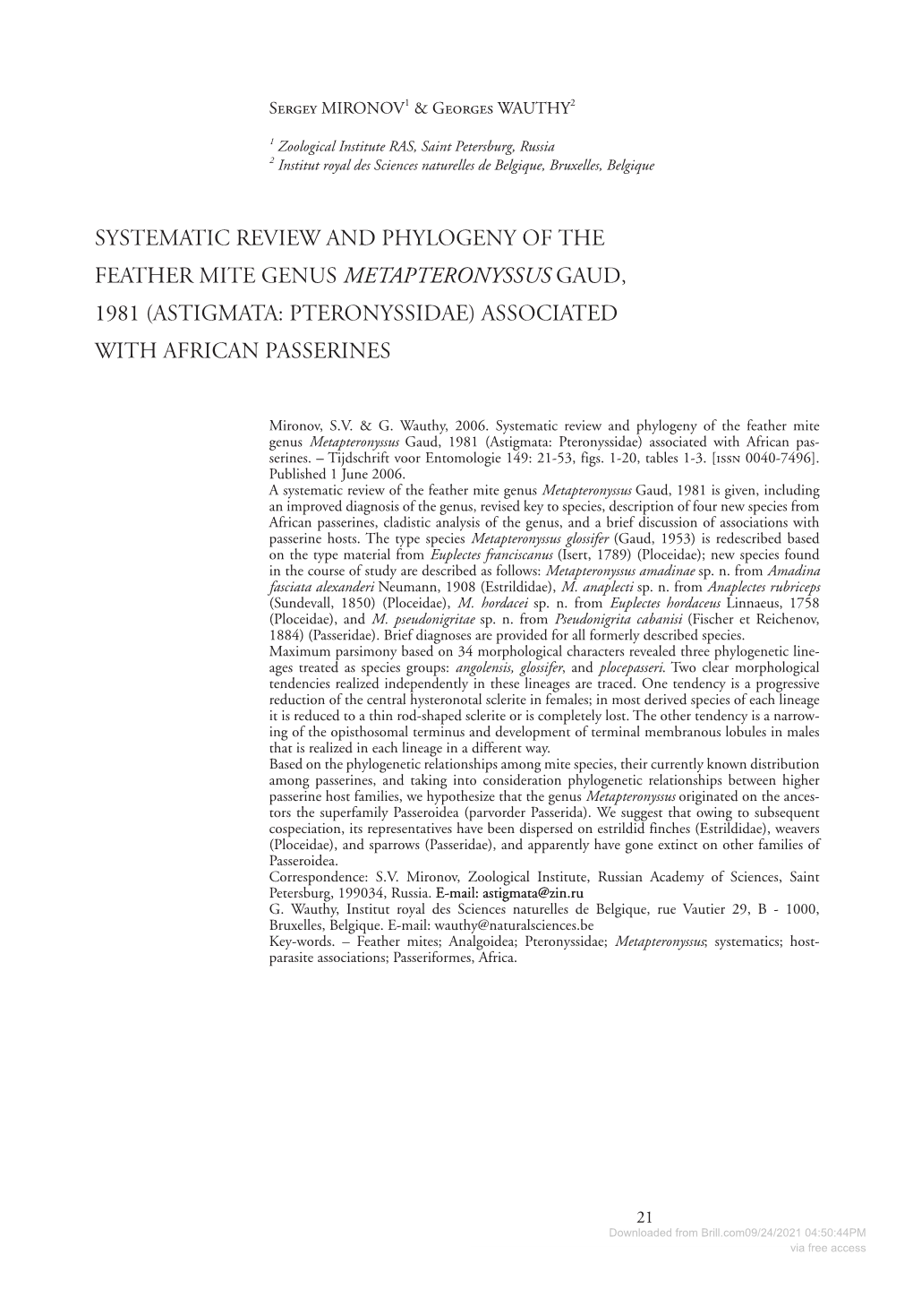 Astigmata: Pteronyssidae) Associated with African Passerines