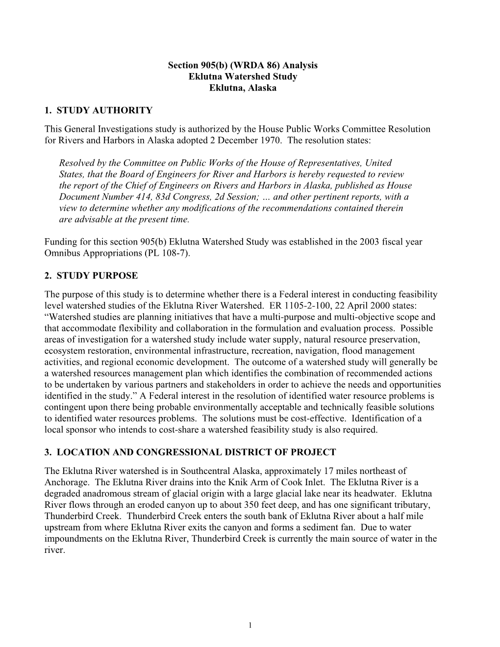 Section 905(B) (WRDA 86) Analysis Eklutna Watershed Study Eklutna, Alaska