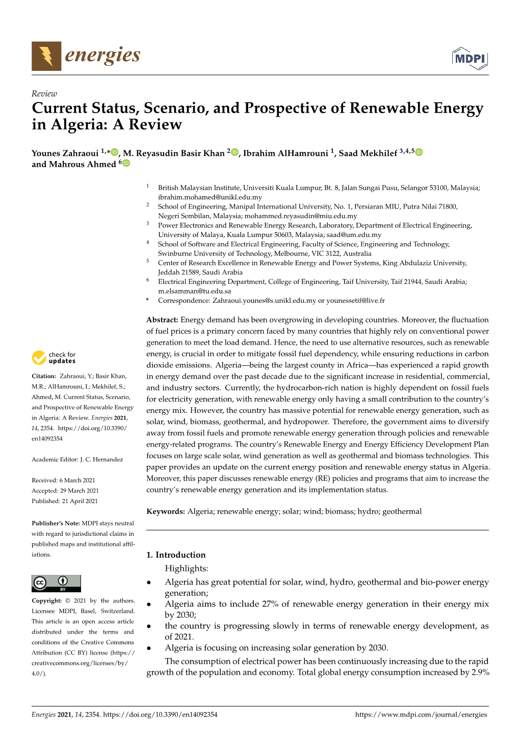 Current Status, Scenario, and Prospective of Renewable Energy in Algeria: a Review