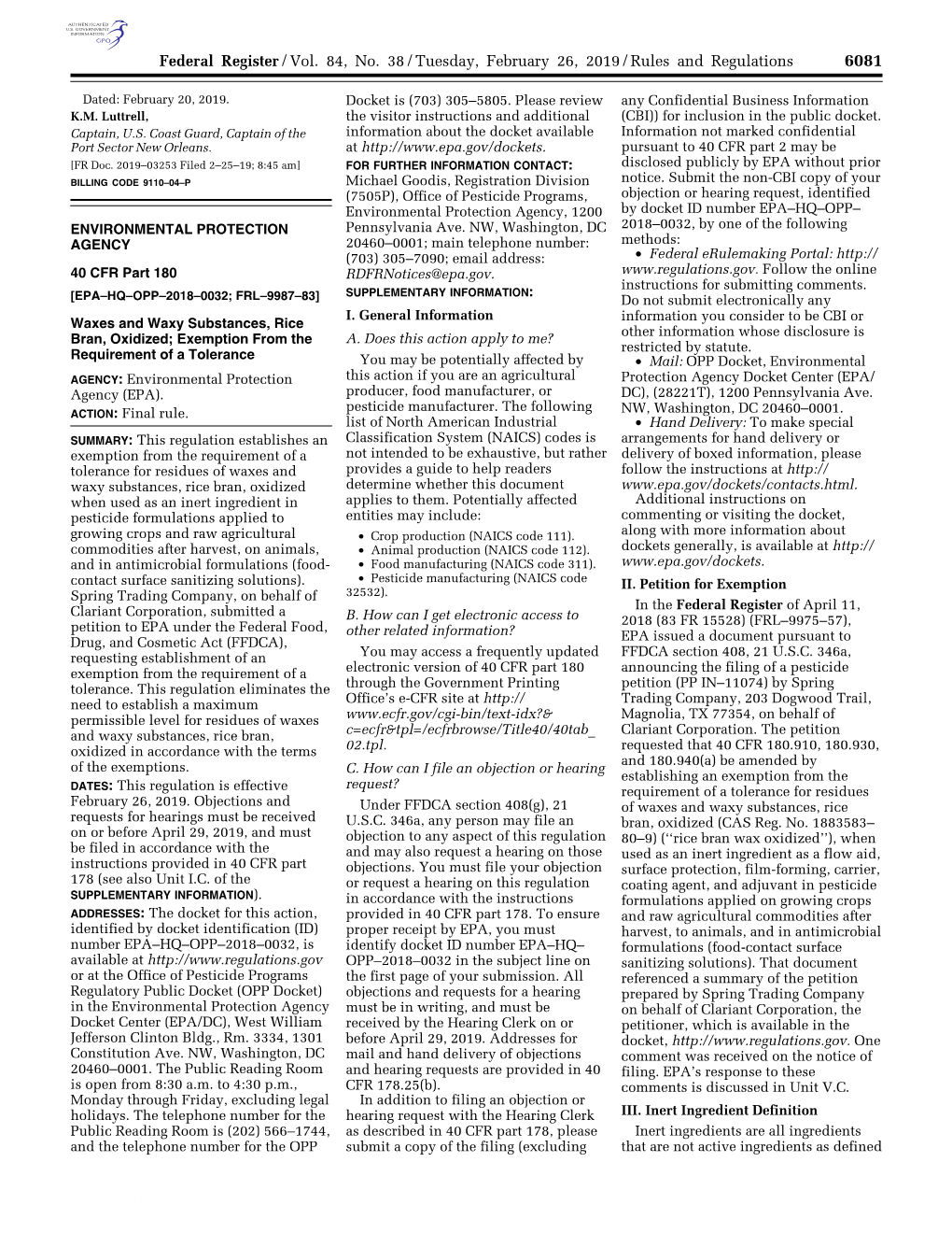 Federal Register/Vol. 84, No. 38/Tuesday, February 26, 2019