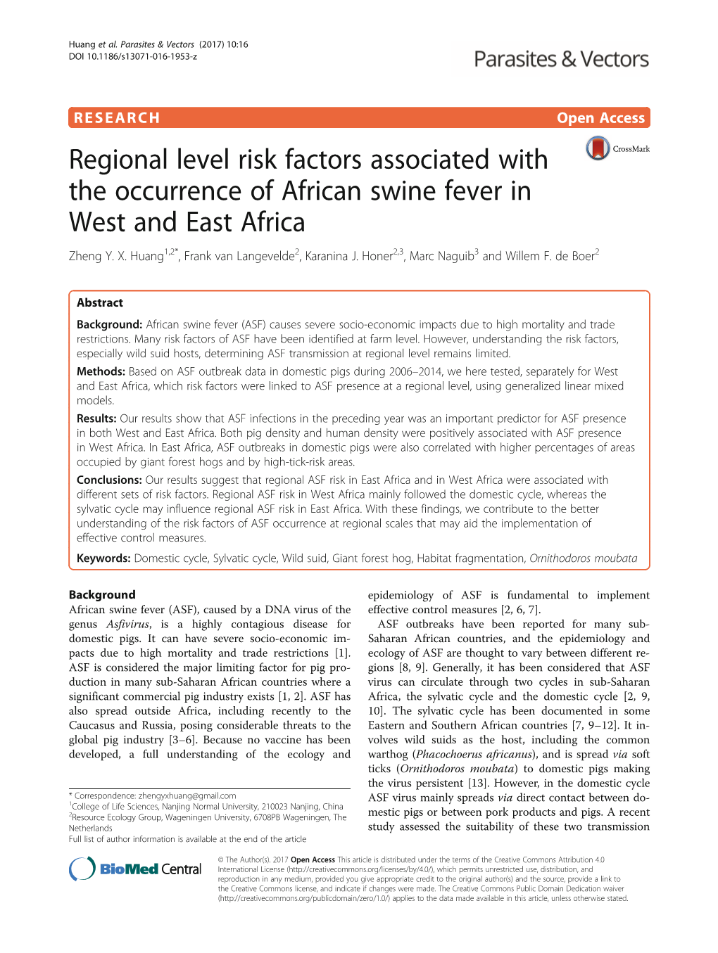 Regional Level Risk Factors Associated with the Occurrence of African Swine Fever in West and East Africa Zheng Y