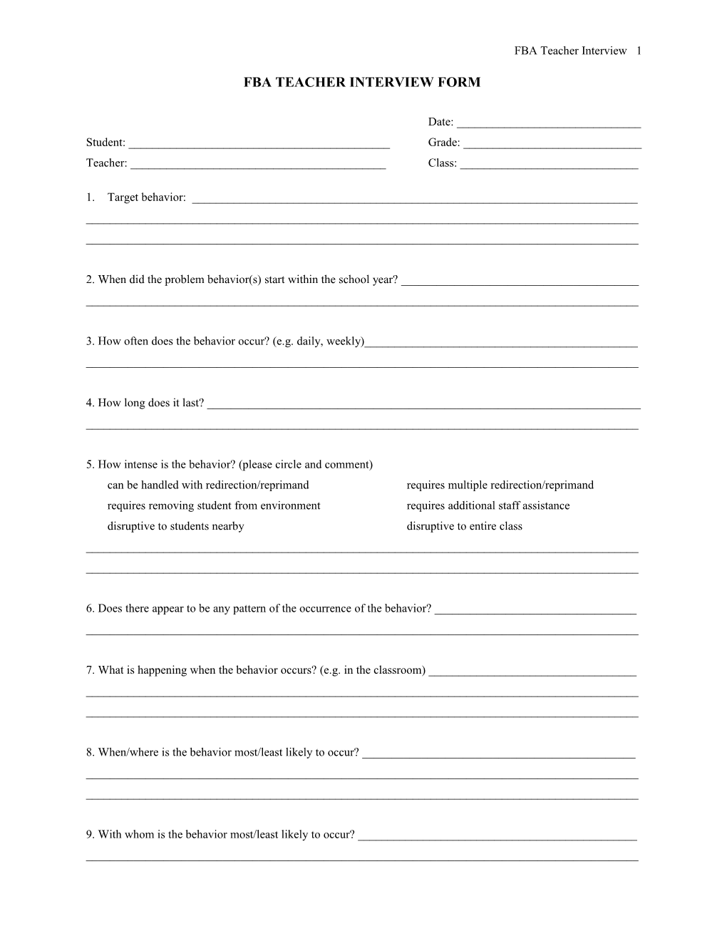 Fba Teacher Interview Form