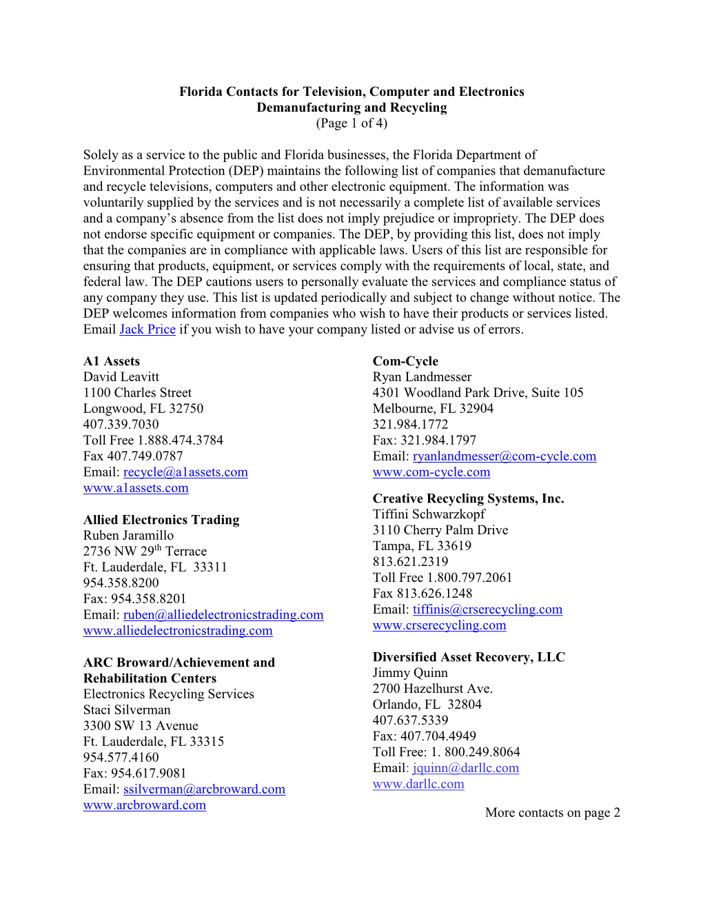 Florida Contacts for Television, Computer and Electronics Demanufacturing and Recycling (Page 1 of 4) Solely As a Service To