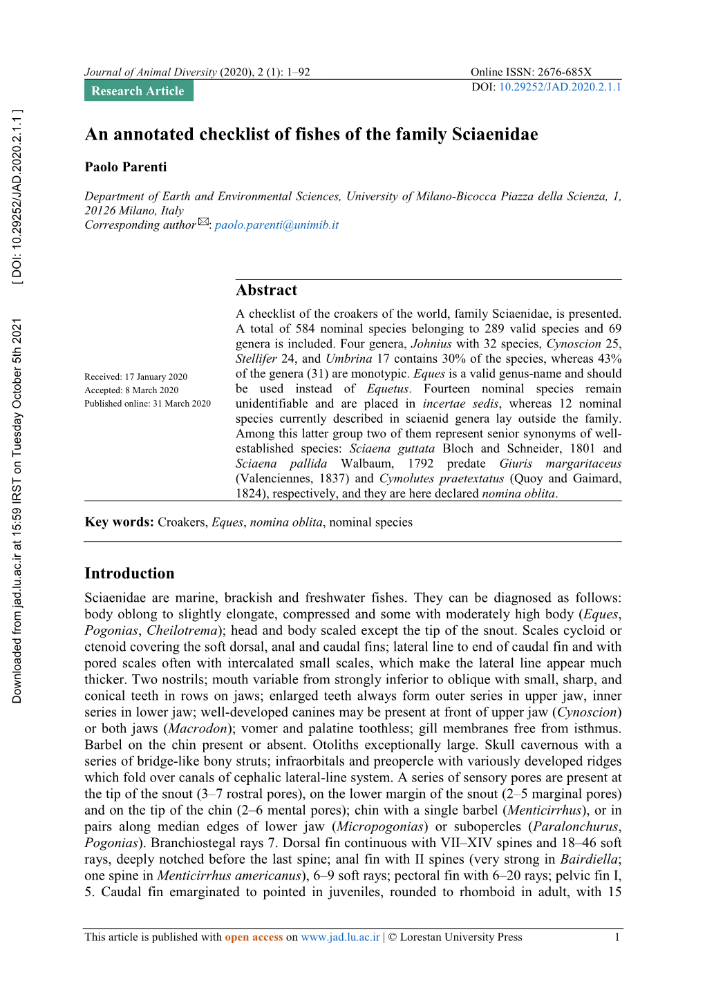 An Annotated Checklist of Fishes of the Family Sciaenidae