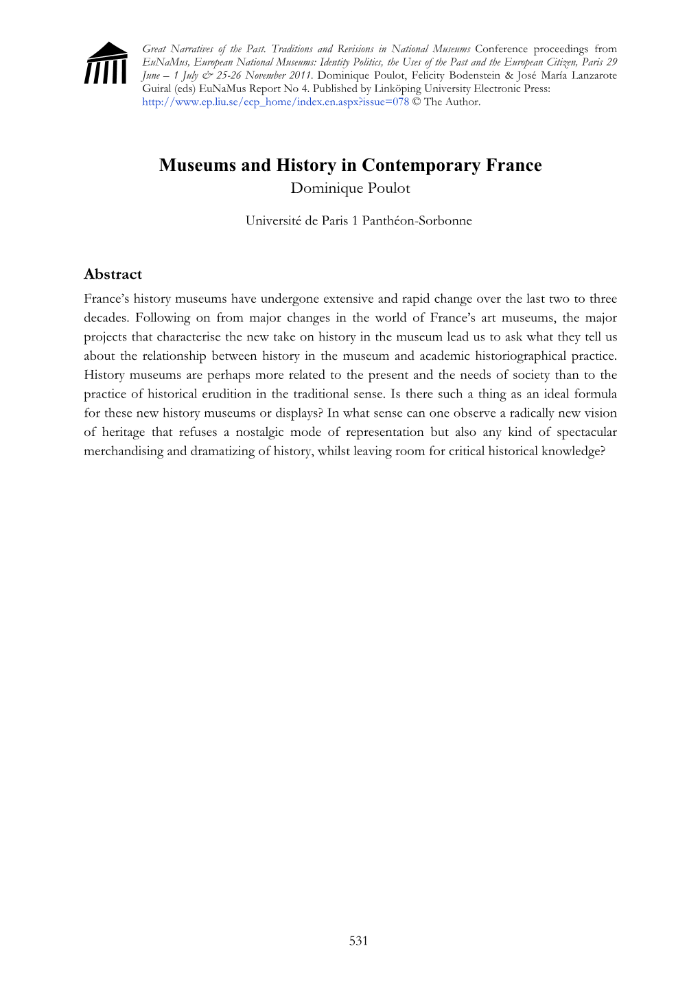 Museums and History in Contemporary France Dominique Poulot