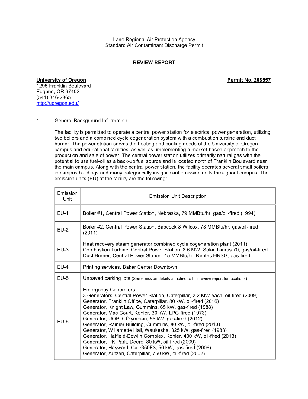 Lane Regional Air Protection Agency Standard Air Contaminant Discharge Permit