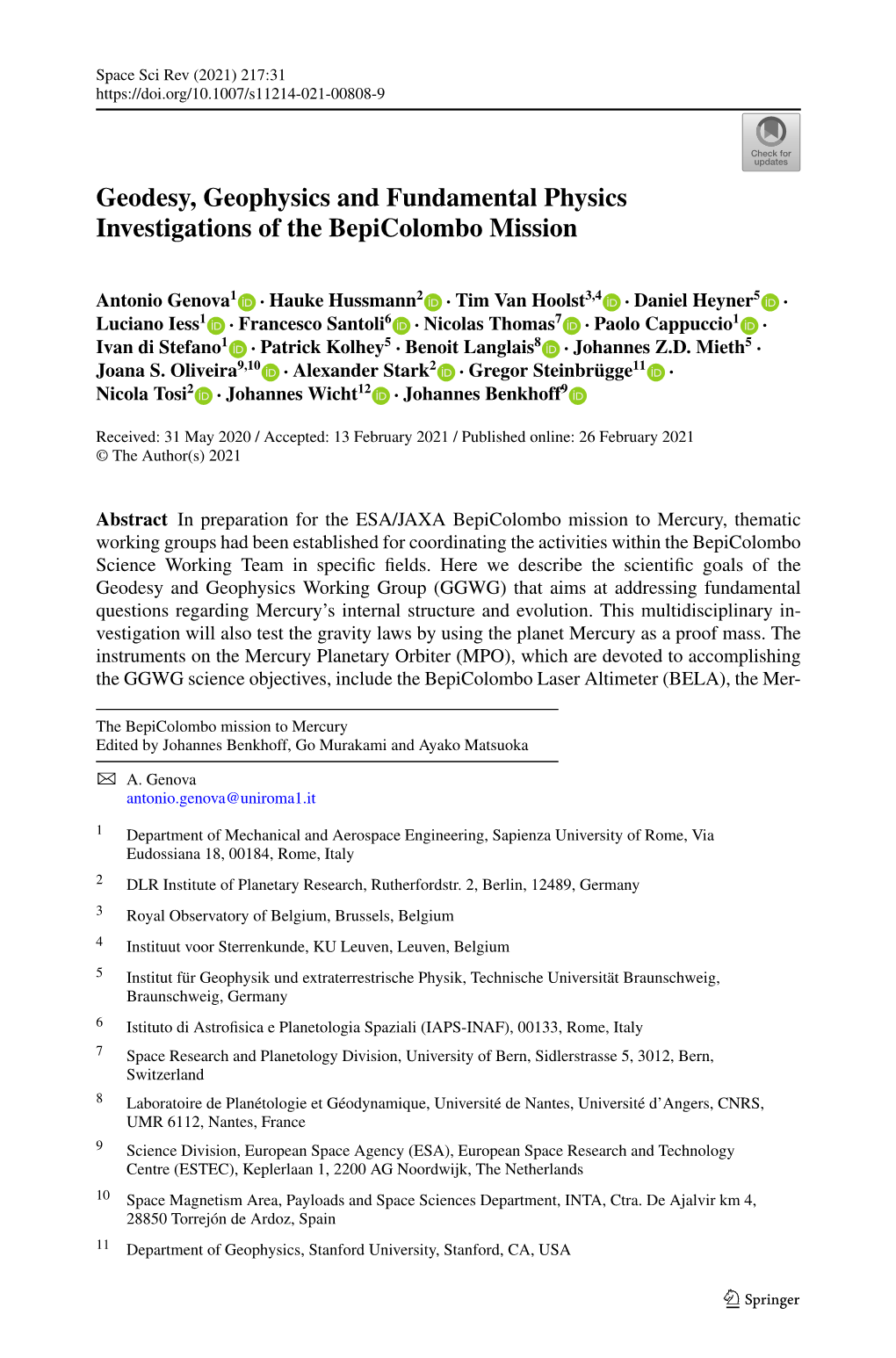 Geodesy, Geophysics and Fundamental Physics Investigations of the Bepicolombo Mission