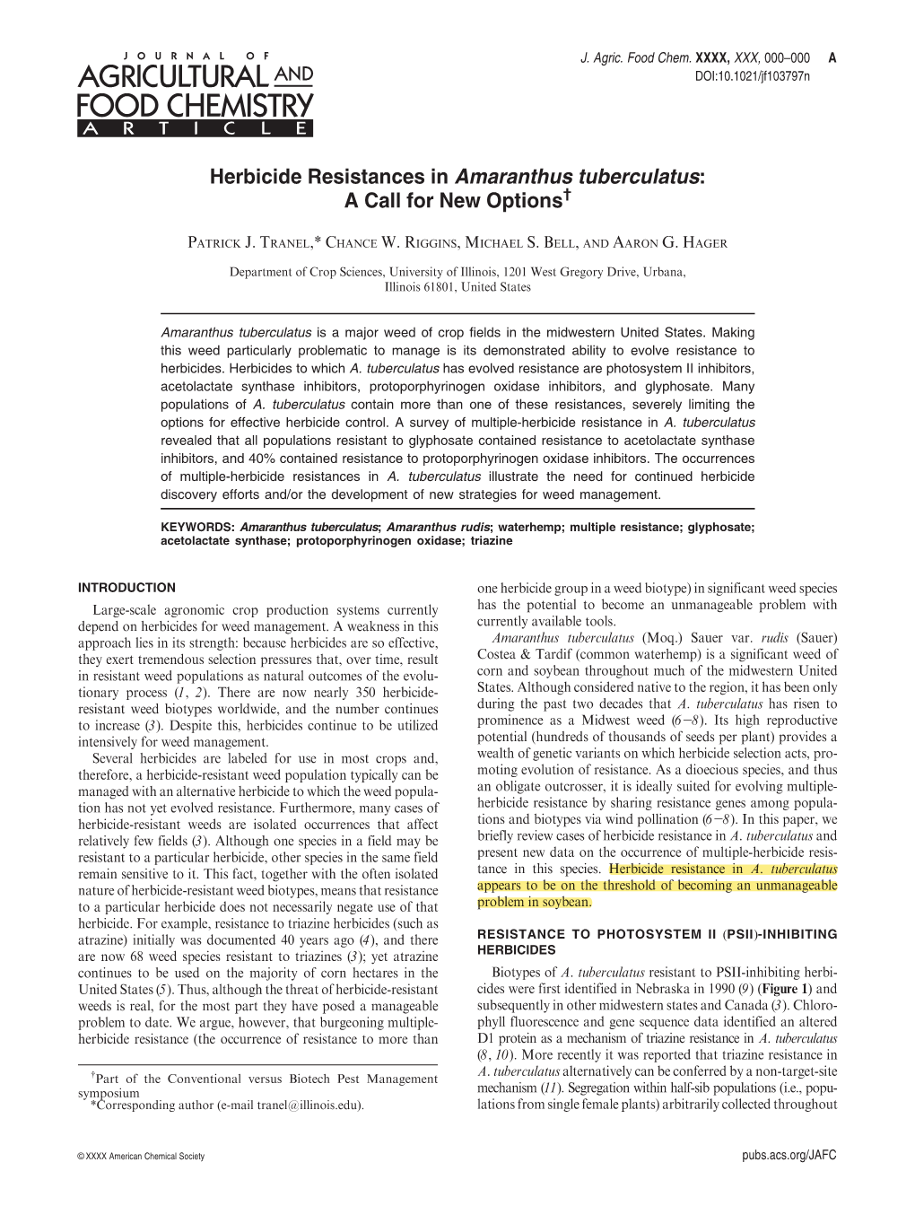 Herbicide Resistances in Amaranthus Tuberculatus: a Call for New Options†